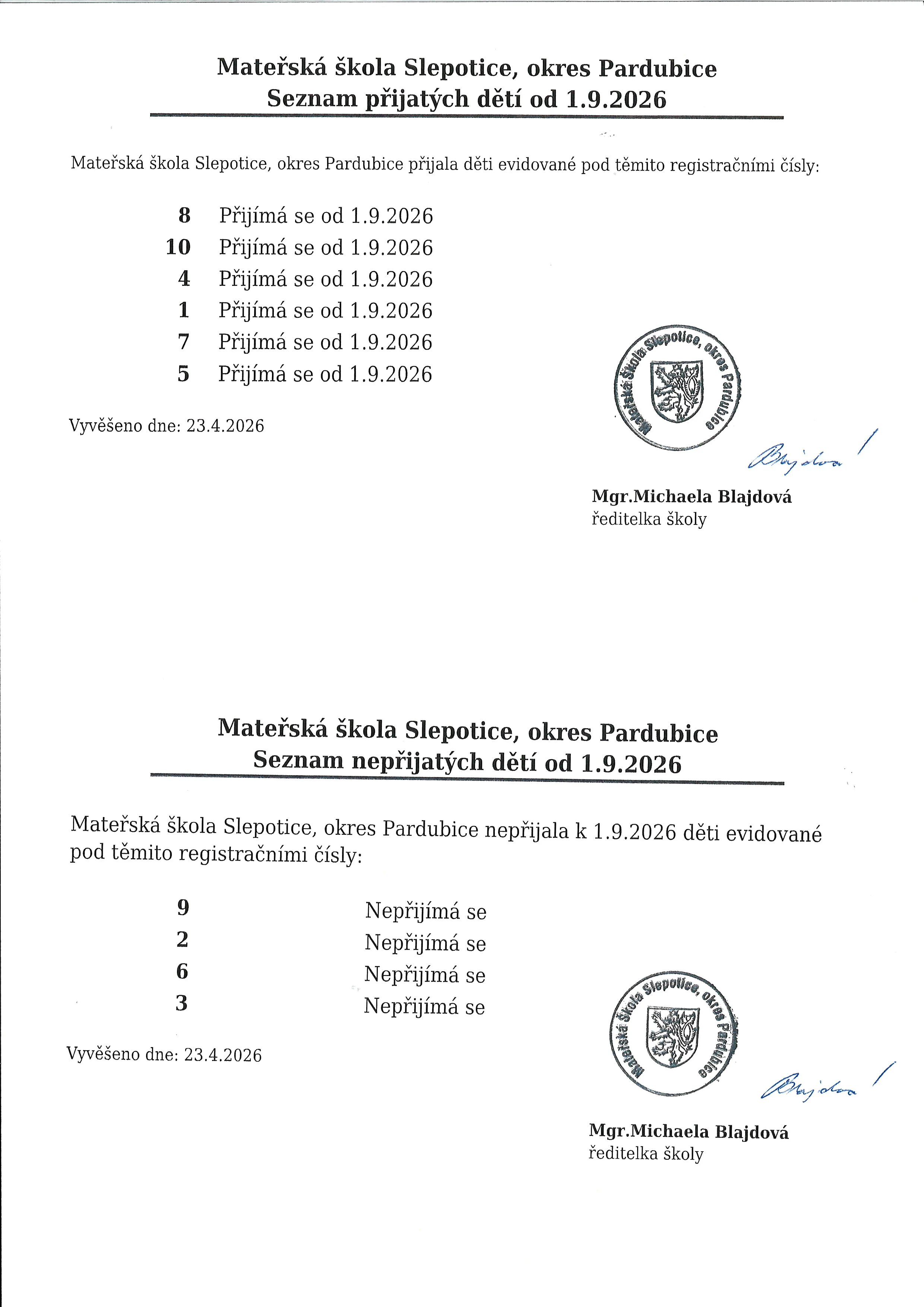 Seznam přijatých a nepřijatých dětí od 1.9.2026
