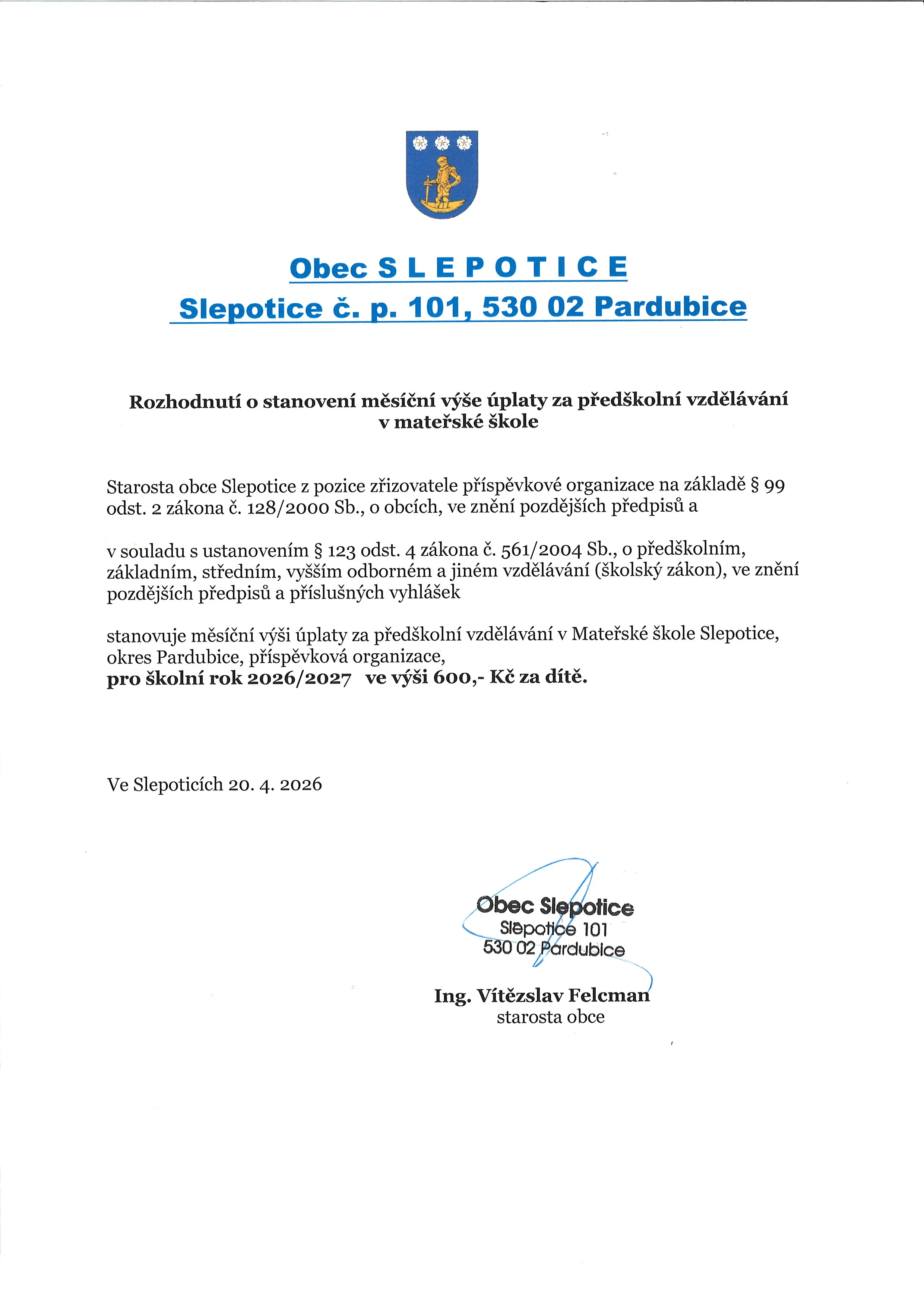 Stanovení úplaty za předškolní vzdělávání